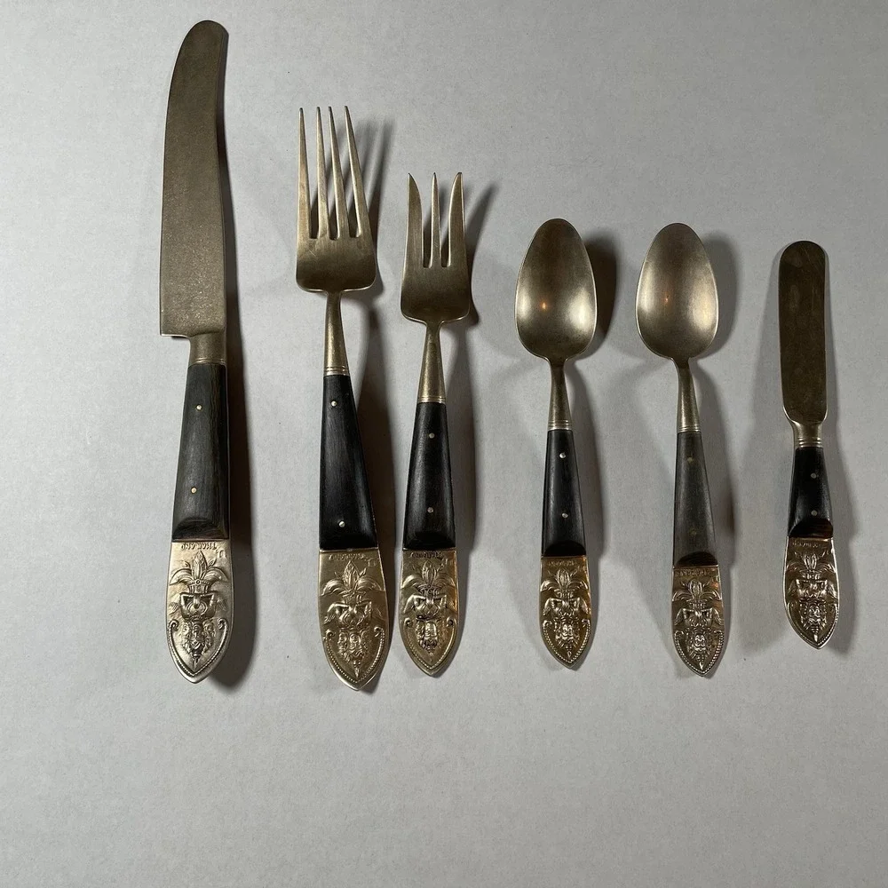 Vintage Thai Flatware Set 6pc Thepphanom Deity Design, Wood Handles‎ Brass